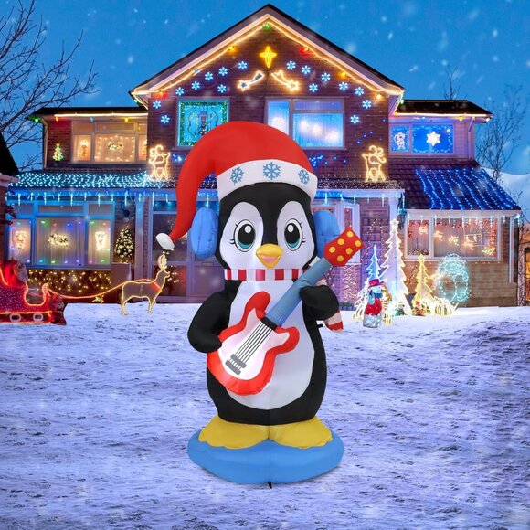 6FT Christmas Inflatable Penguin with Guitar LED Lights for Yard Patio Decor - Picture 1 of 7